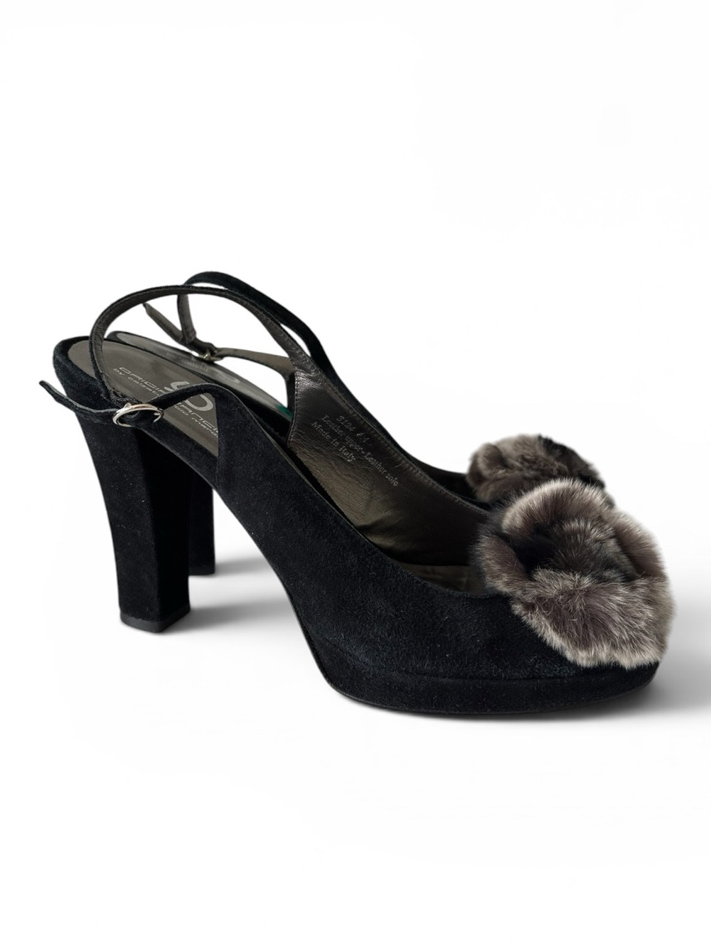 Grigiarancio Black Suede Fur Pom Pom Slingback Platform Heels Made in Italy 8M